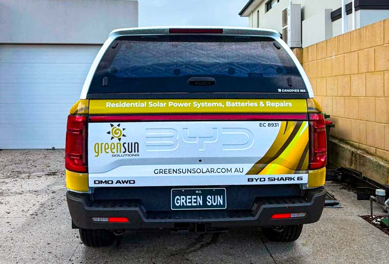 Green Sun Solutions BYD electric ute Green Sun Solutions BYD electric ute with company signage