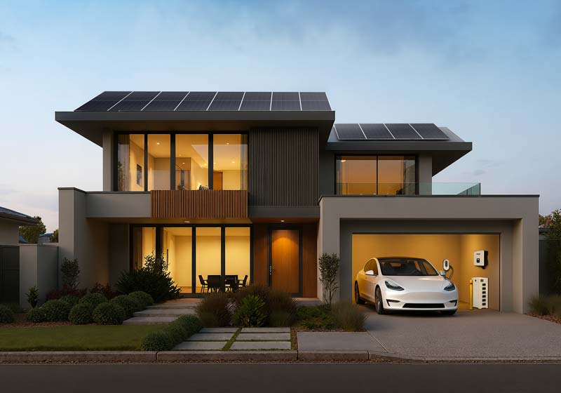 Home EV charging at sunset Modern home with electric car and EV charger at sunset