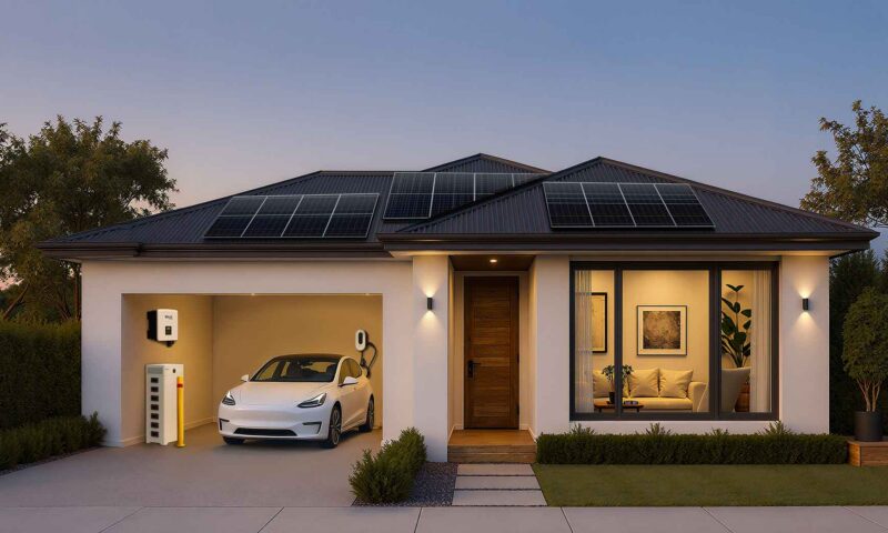 Home solar, battery and EV charging system Home with solar panels, battery stoage and EV charger