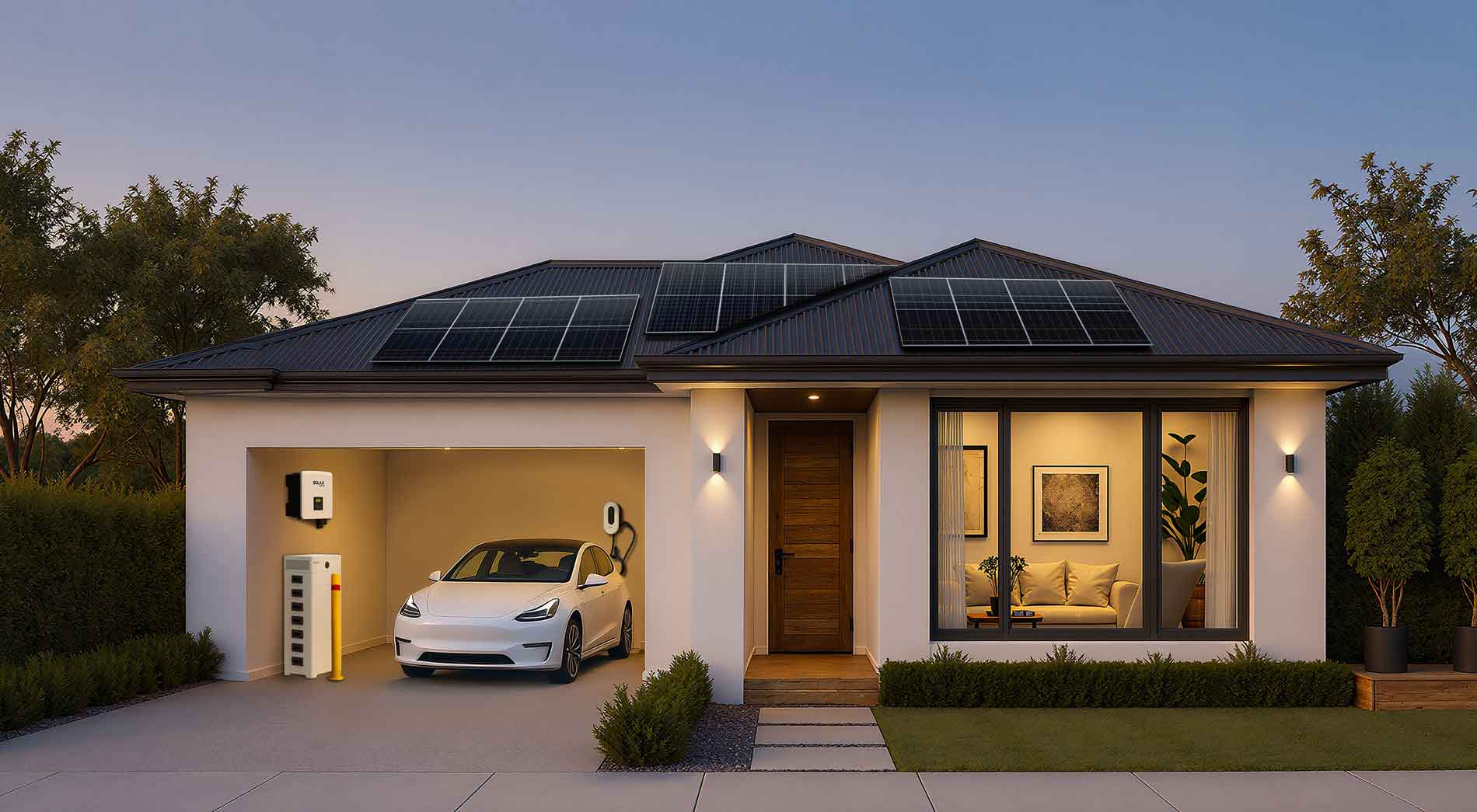 Home solar, battery and EV charging system Home with solar panels, battery stoage and EV charger