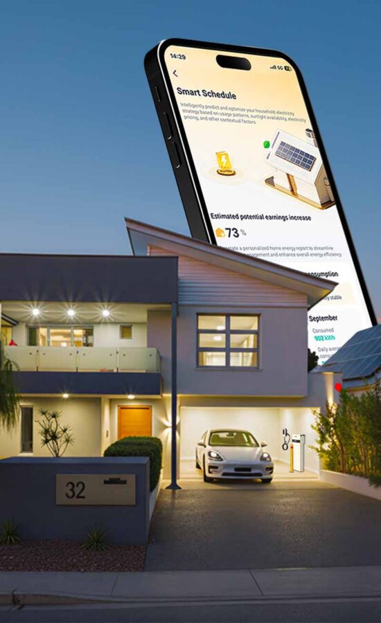 SolarX battery monitoring app SolarX home battery monitoring app shown over a home at night