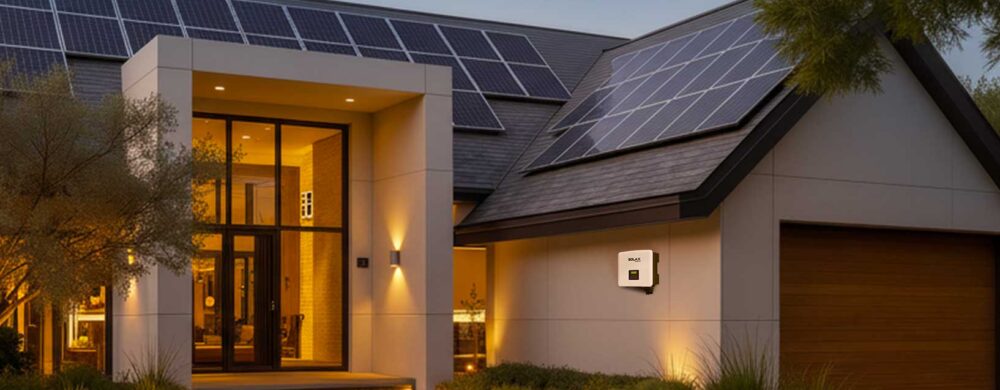 SolarX battery storage system SolarX battery system mounted on an exterior wall at sunset