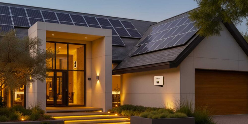 SolarX battery storage system SolarX battery system mounted on an exterior wall at sunset