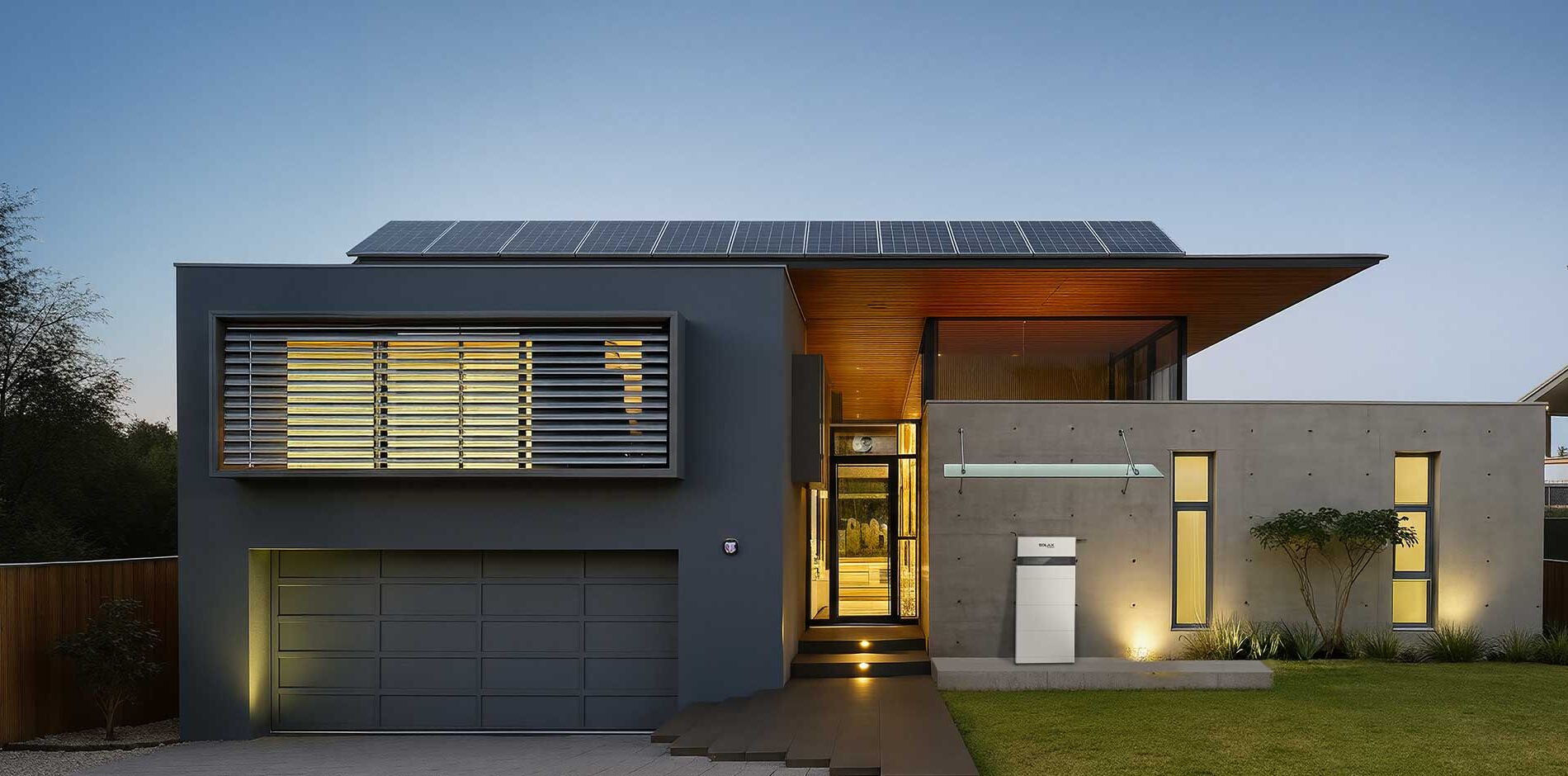 SolarX battery system Home with SolarX battery system at sunset