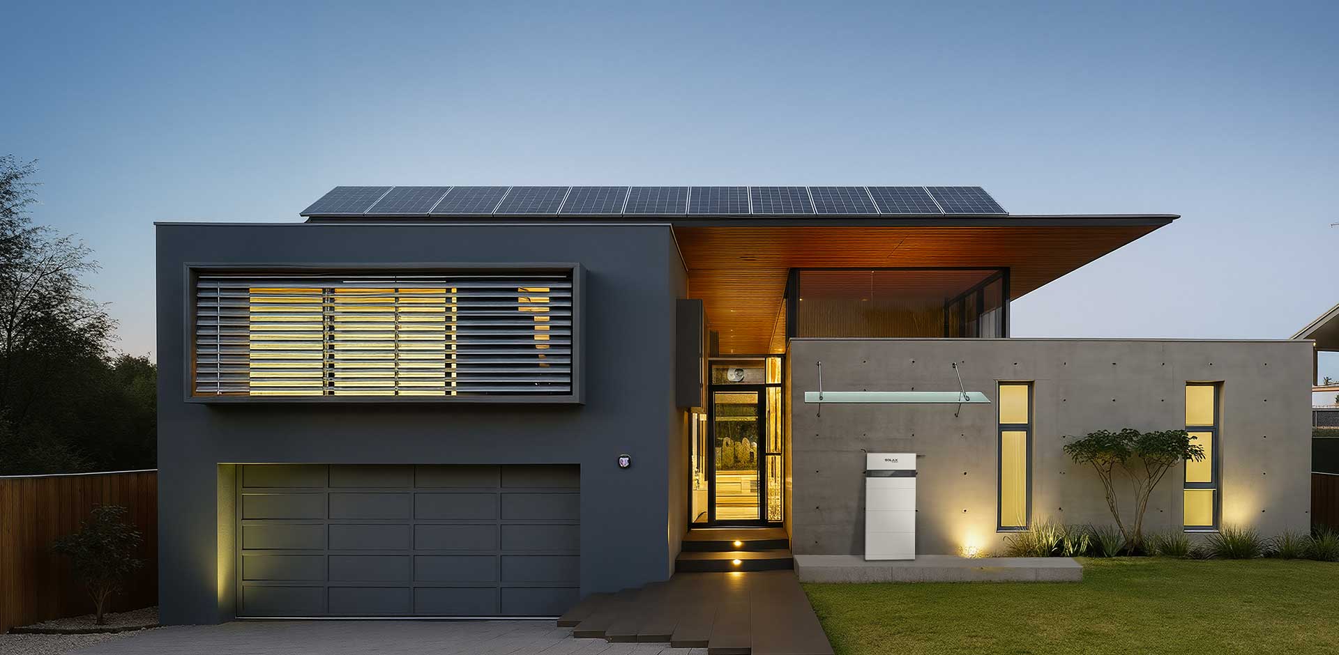 Home with SolarX battery system at sunset