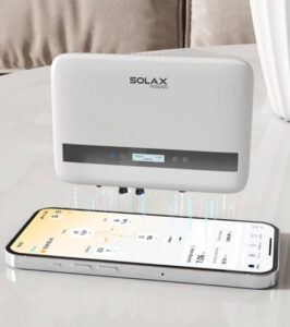 SolarX battery monitoring app solar cloud and hardware SolarX battery hardware and monitoring app on a smartphone